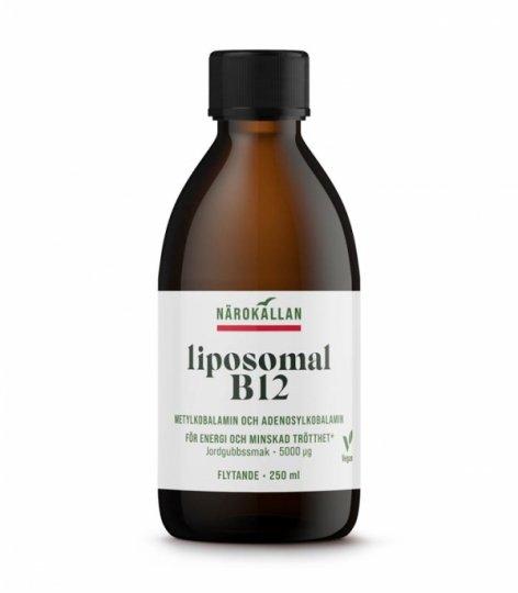 Flaska med Närokällan Liposomal B12 5000 mcg