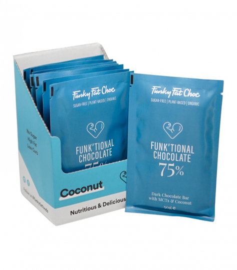 F�rpackning med Funky Fat Foods Choklad Kokos 10 pack